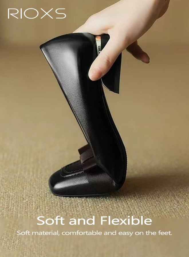 ريوكس حذاء ماري جين كلاسيكي مسطح للنساء، حذاء مسطح أنيق بمقدمة مربعة وكعب سميك ومزين بفيونكة فرنسية، تصميم مريح بكعب منخفض للسيدات، لون موحد متعدد الاستخدامات ومناسب للارتداء اليومي للمشي والعمل والمواعدة، أسود - Image 4